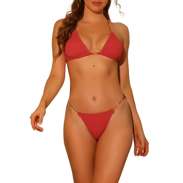 INSPIRAR CHIC Conjuntos de Bikini de Dos Piezas con Cadena para Mujeres, Ribeteado, Ajustable, Con Tiras en la Espalda, Trajes de Baño, Talla X-Large, Rojo