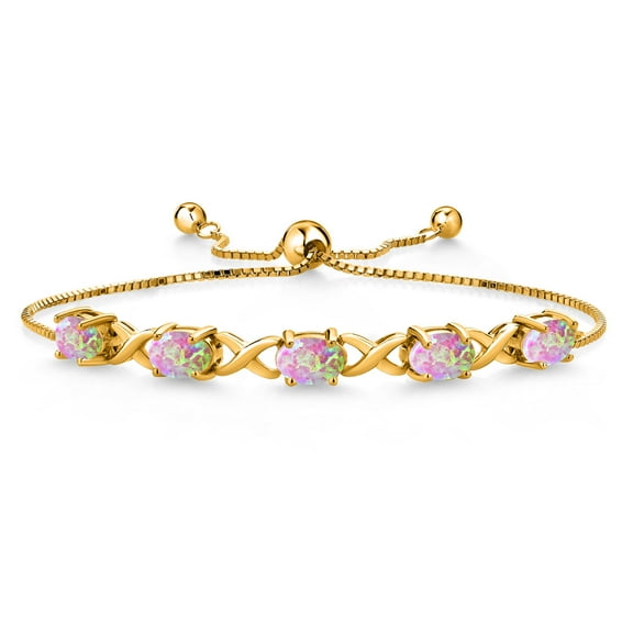 Gem Stone King 18K Yellow Gold Plated Silver Simulated Pink Opal Bracelet for Women (3.15 Cttw, Gemstone October Birthstone, Oval Cabochon 7X5MM, Fully Adjustable up to 9 inches)