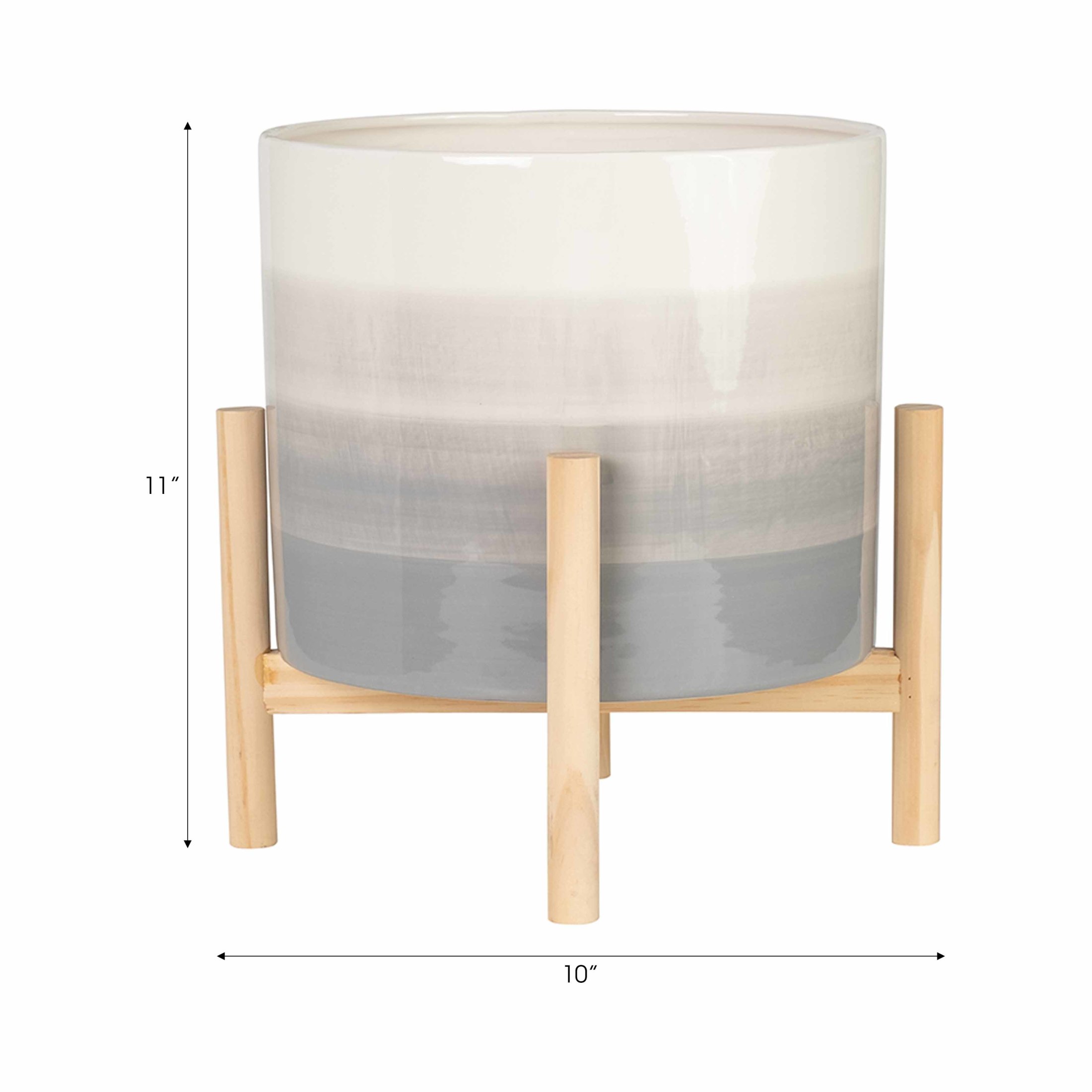 Round Flower Pots with Wood Legs for Home Decor - Ceramic Plant Pot for Indoor and Outdoor Plants - Modern Garden Style for Entryway and Hallway Styling - 14", Beige