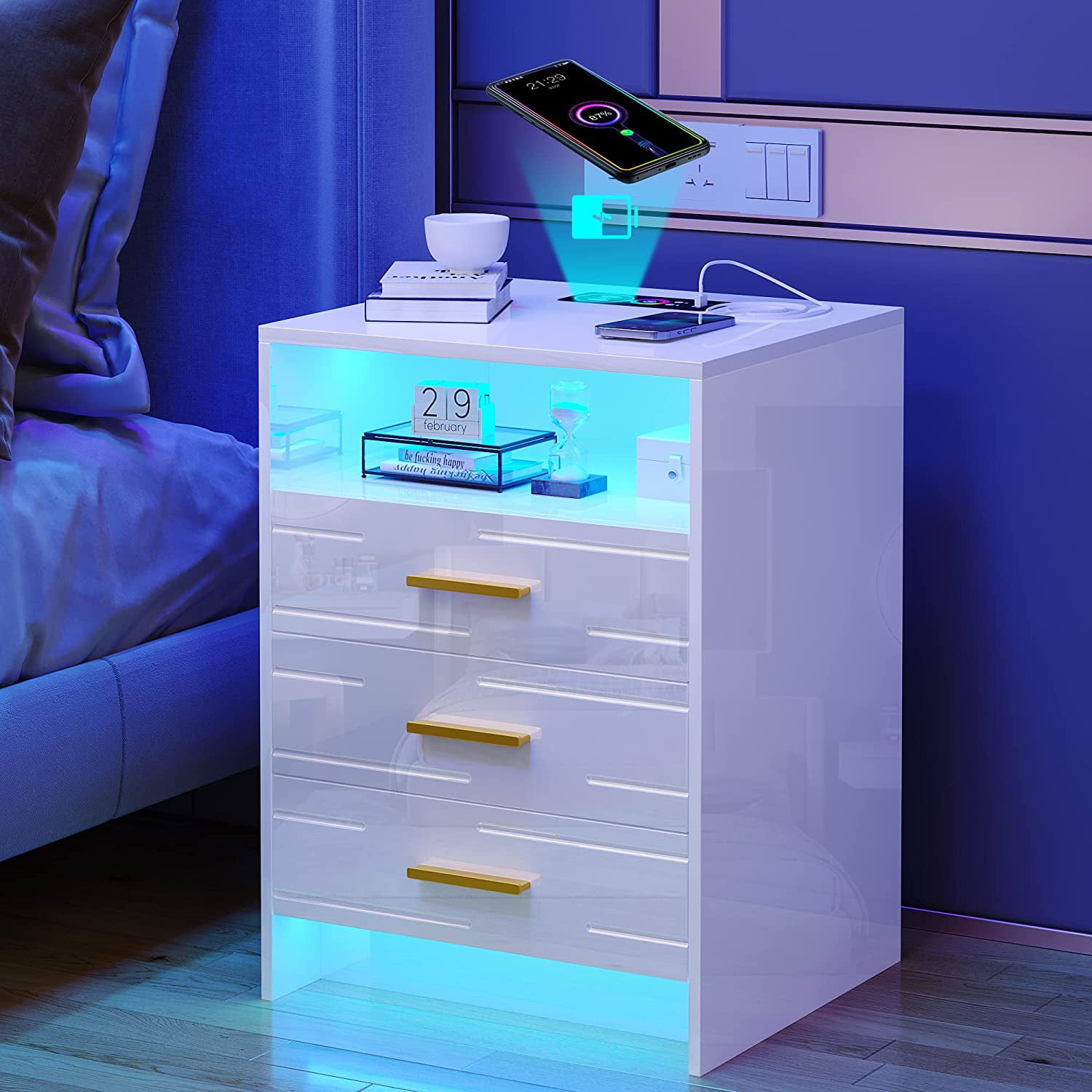 HNEBC LED Nightstand for Bedroom High Gloss White Night Stands with