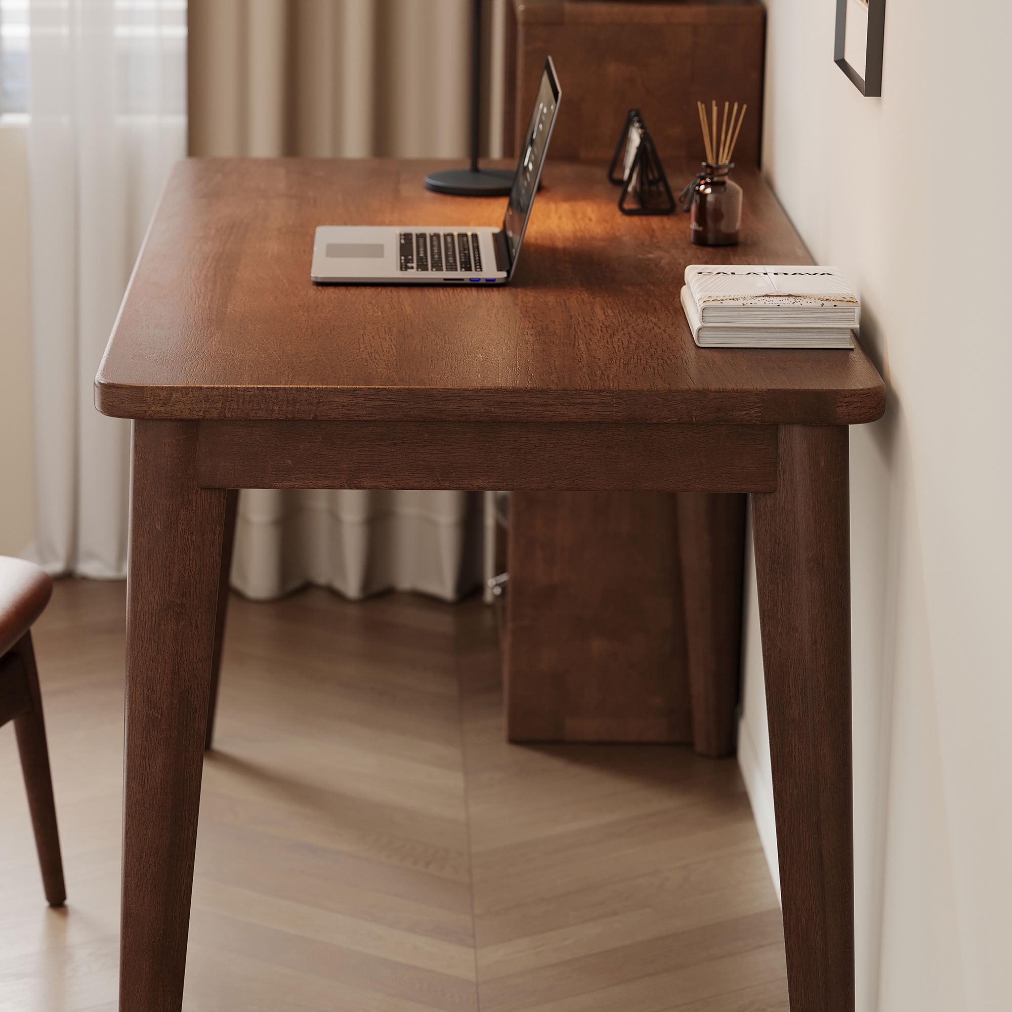 MAYEERTY Solid Rubberwood Writing Desk, Mid-Century Modern Computer Desk with Walnut Finish, for Small Spaces Bedroom Home Office Dorm Room