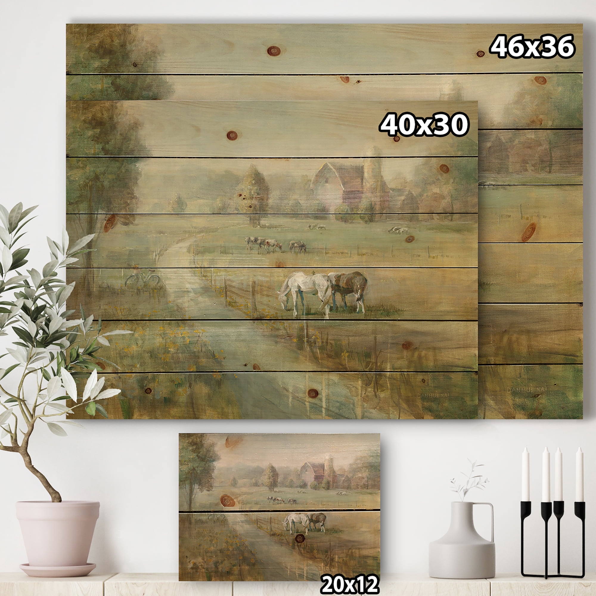 Designart 'Tranquil Country Farm Field' Farmhouse Print on Natural Pine Wood