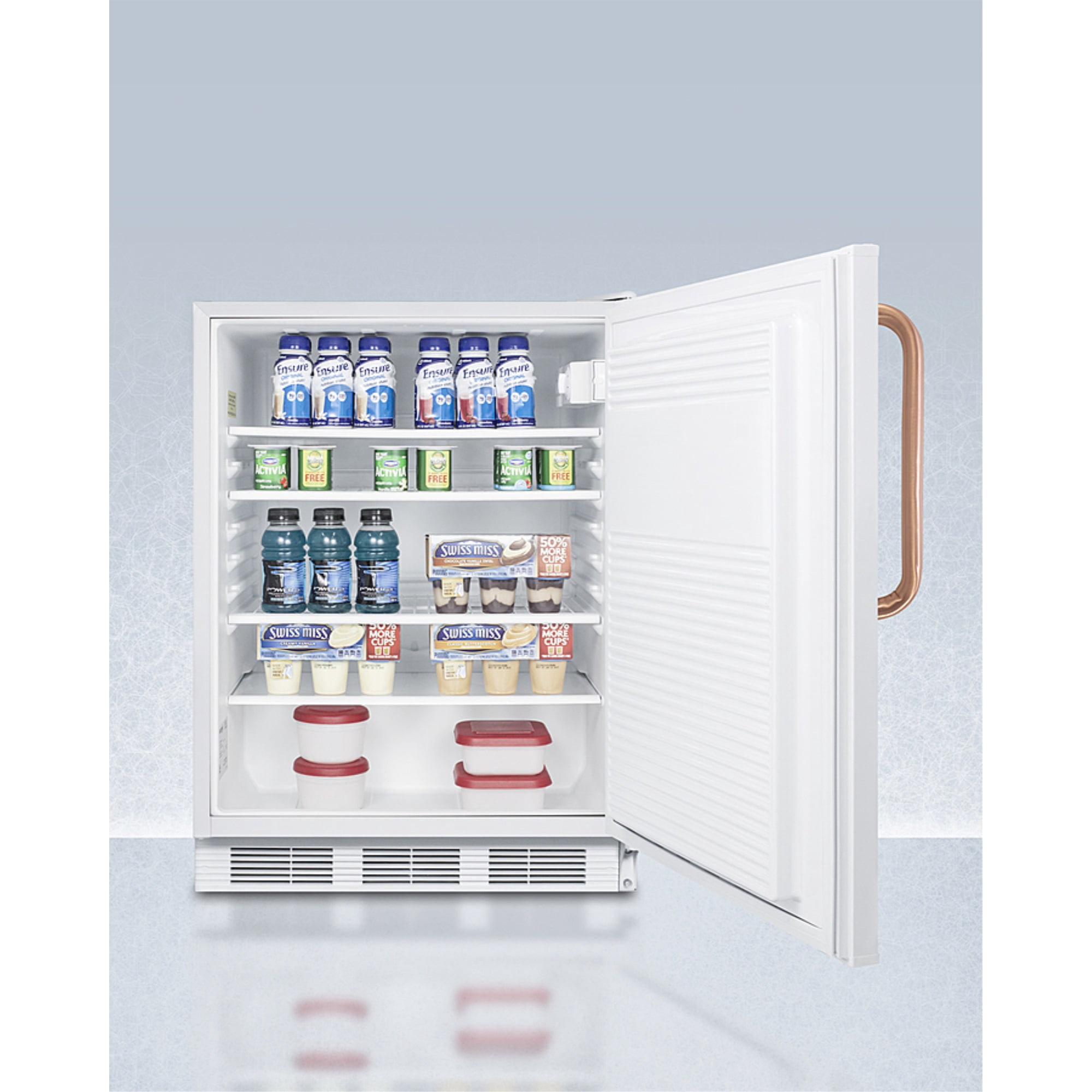 ADA compliant commercial all-refrigerator for freestanding general purpose use, auto defrost w/lock, copper handle, and white finish