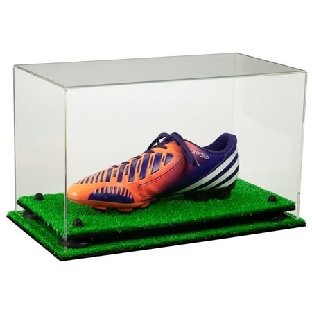 Deluxe Clear Acrylic Large Shoe Display Case for Basketball Shoes Soccer Cleats Football Cleats with Black Risers and Turf Base