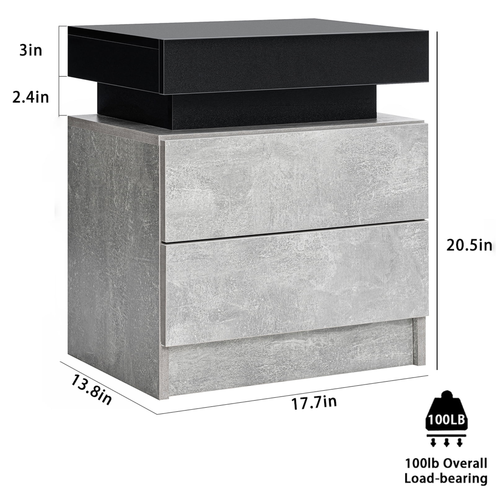 Hommpa Modern LED 2-Drawer Black Nightstand 20.5 in. H x 13.8 in