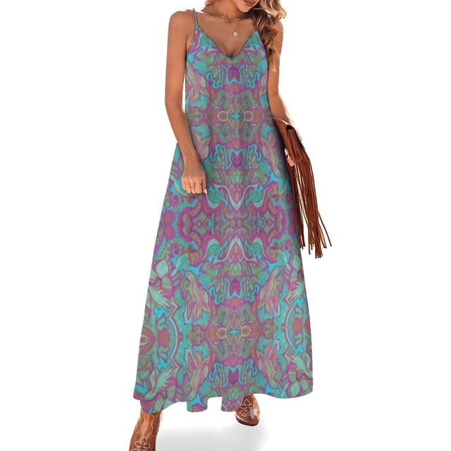 Vestido elegante y chic para mujer, sin mangas, color rosa turquesa, con estampado bohemio y arabescos de pájaros