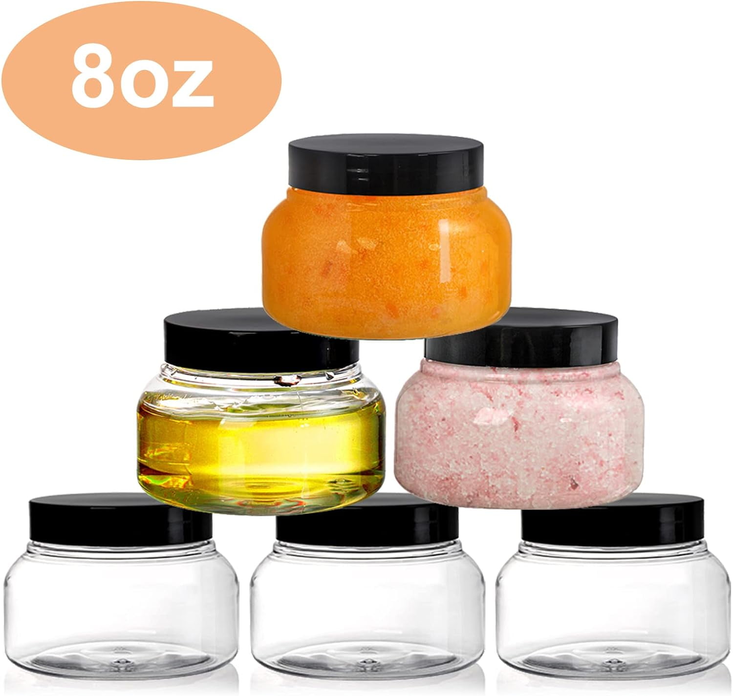 IEMIEBSHA 16 Pack 8 Oz Plastic Jars with Lids, Clear Body Scrub Jars Empty Refillable Containers Round Low Profile Samples Jars for Makeup, Body Butter, Creams, Slime, Travel Storage