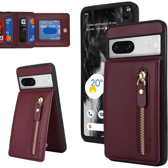 for Google Pixel 7 Case with Card Holder for Women,Pixel 7 Phone Case Wallet with Strap Credit Card with Kickstand Zipper Shockproof Case for Pixel 7 - Red Wine