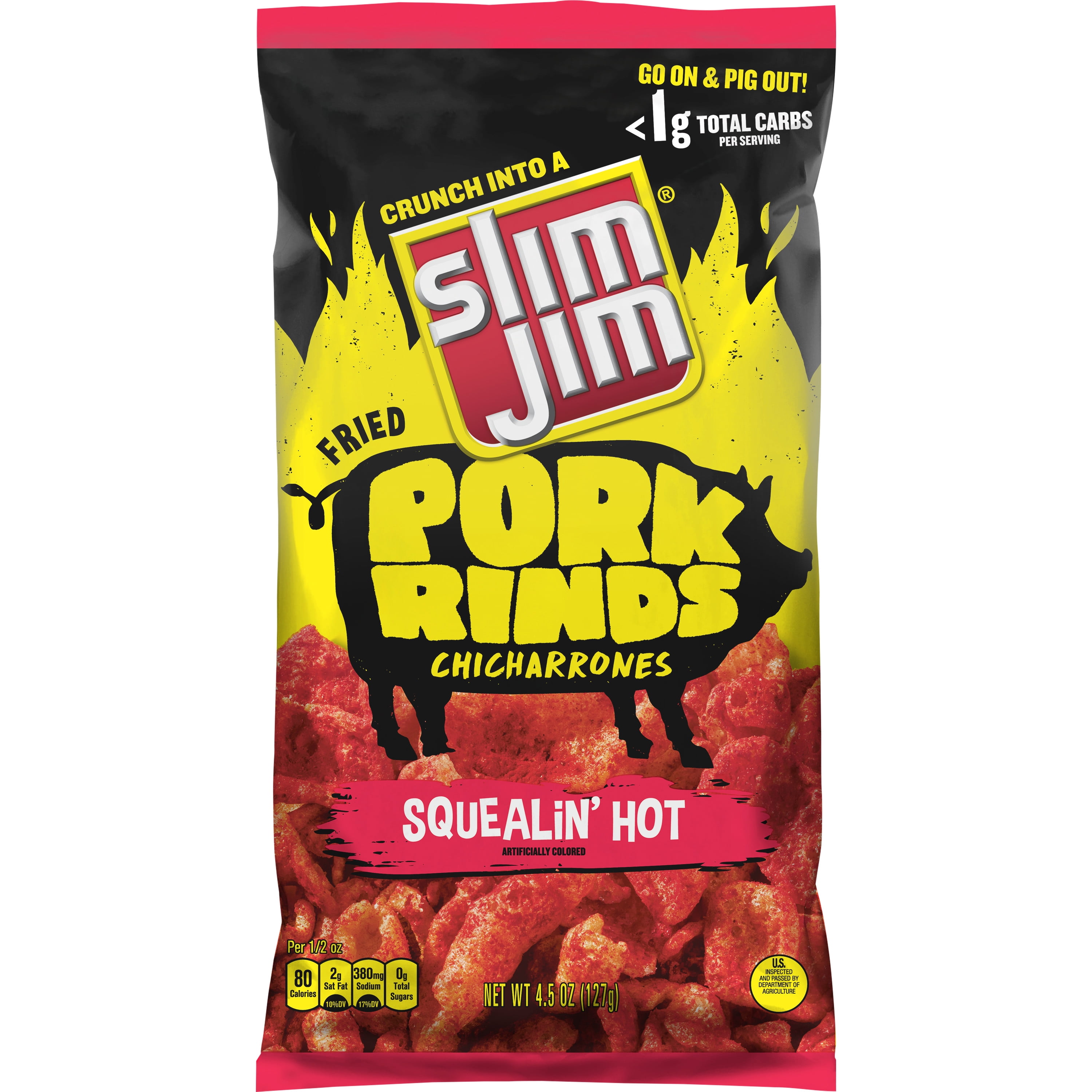 Slim Jim Pork Rinds Squealin Hot Fried Snacks Keto Friendly 4 5 Oz Bag Walmart Com