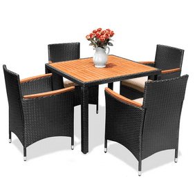 Lacoo 5 Pieces Outdoor Patio Dining Set with PE Rattan Wicker Dining Table and Chairs Acacia Wood Tabletop, Curved Wood Armrest Chairs with Cushions