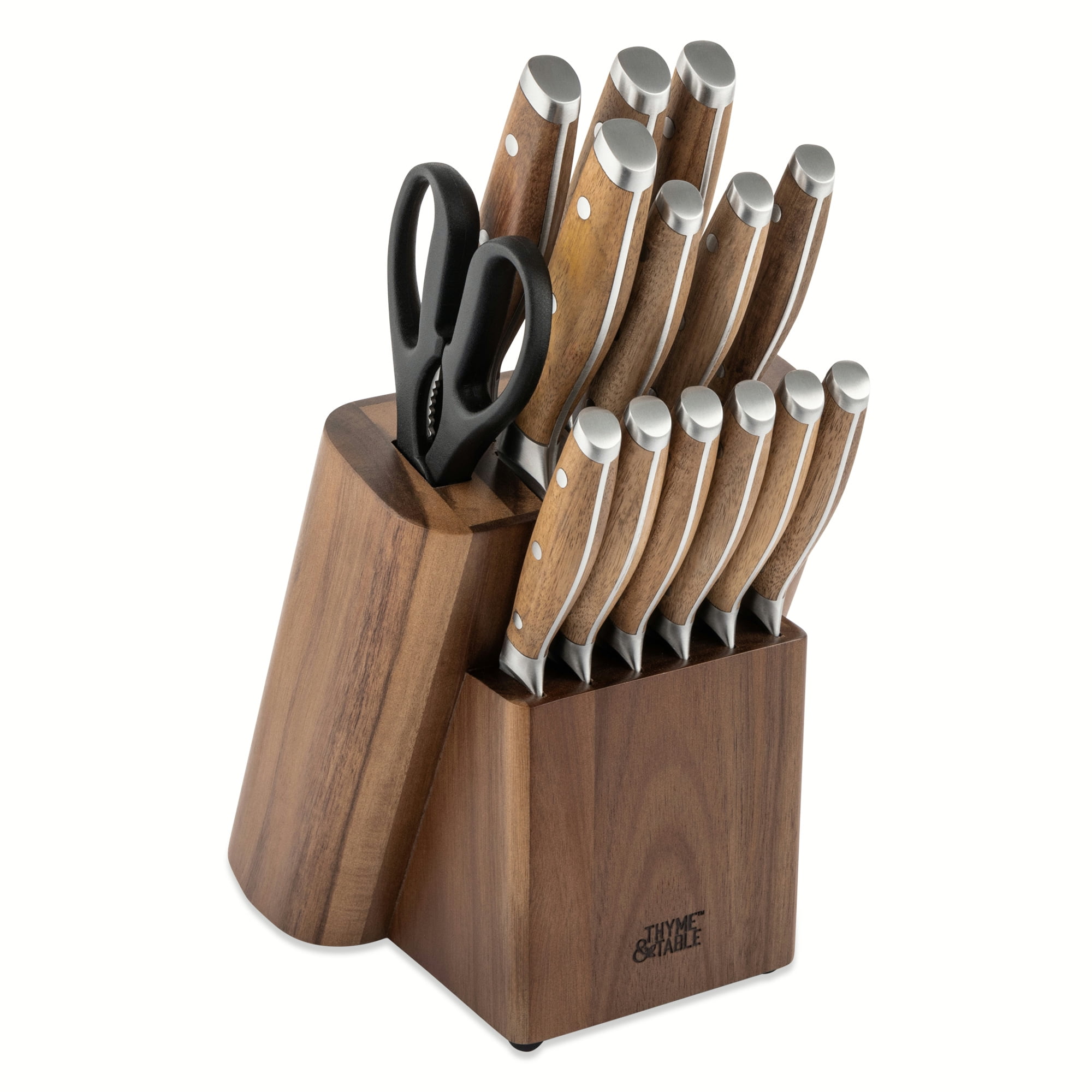 Thyme & Table 16-Piece Acacia Wood Knife Block Set with Built-In Sharpener
