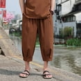 thumbnail image 2 of JUUYY Men's Linen Cropped Trousers Hippie Harem Pants 3/4 Length Pants Elasticated Waist Trouser Solid Color Shorts Baggy Beach Pants Coffee XL, 2 of 7