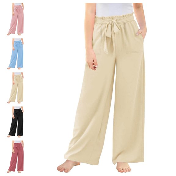 Quotay Girls Wide Leg Pants High Elastic Smocked Waist Casual Flowy Cute Long Girl'S Trousers 4-12 Years Khaki,11-12 Years
