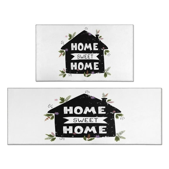 Gray-checked Text Rugs and Mats Non Skid Washable Absorbent Microfiber Soft Kitchen Mat for Floor Set Of 2 Decor Stain Resistant 17"x47" 17"x30"