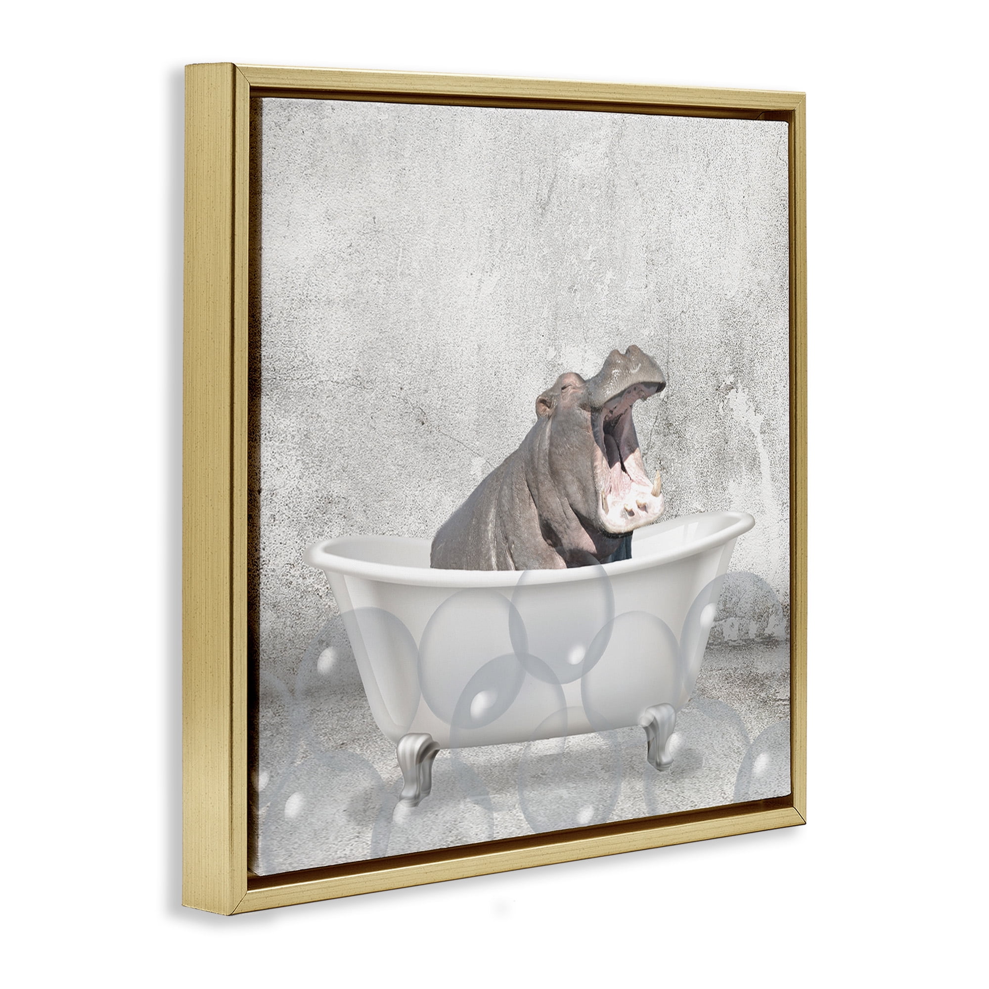 Stupell Industries Baby Hippo Bath Time Animals & Insects Painting Gold Floater Framed Canvas Art Print Wall Art, 18 x 18