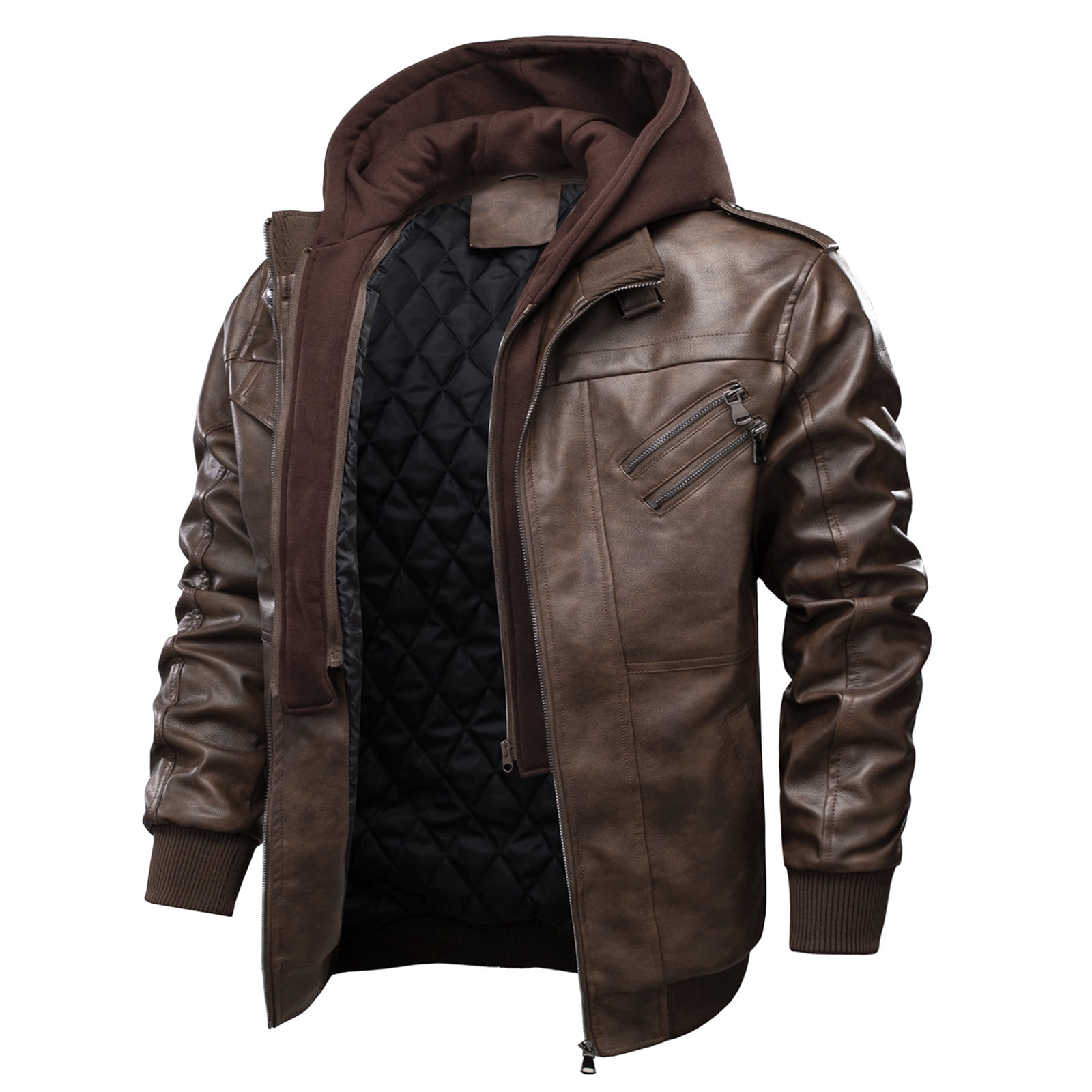 IYTR Men's Winter Warm Faux Leather Hooded Jacket with Hood Thickened Fleece Lined Pockets Zipper Motorcycle Outwear Coats Coffee L