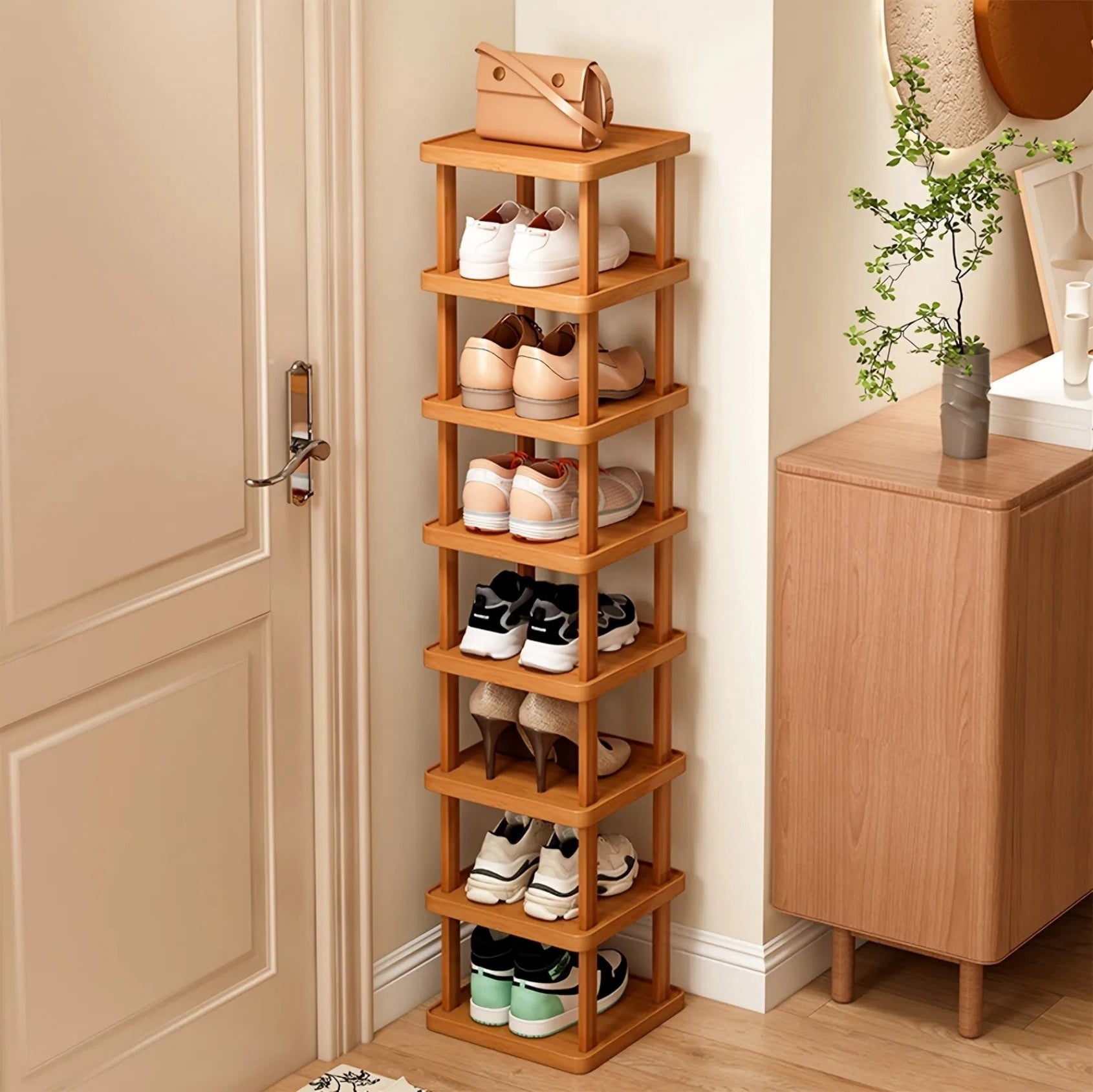 15"H Narrow Shoe Rack Organizer, Space Saving Corner Shoe Shelf Tower for Closet Entryway Bedroom Garage, Brown