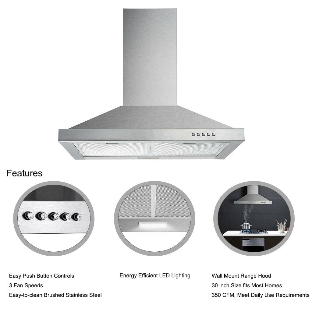 Wall Mount Range Hood 30 inch Stainless Steel Vent Hood w/ 3 Speeds Push Button Controls 450 CFM Stainless Steel Chimney-Style Over Stove Vent Hood with LED Light