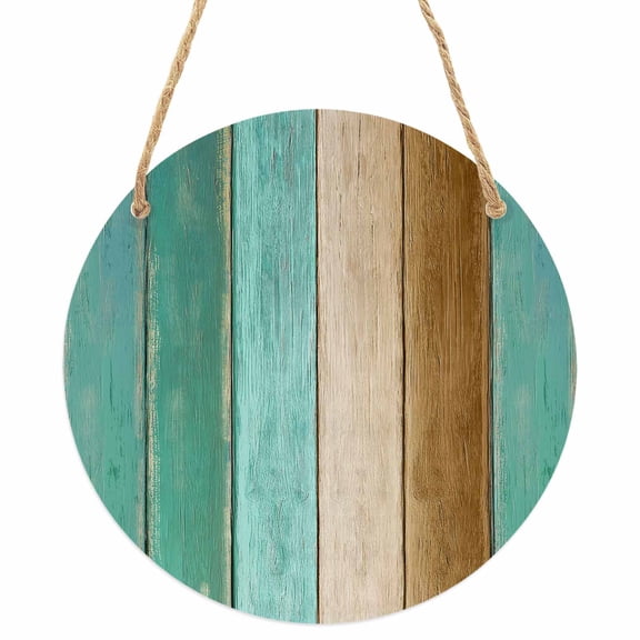 Teal Brown Wooden Round Front Door Welcome Sign, 7.8 Inch Wall Hanging Decor for Indoor Outdoor, Farmhouse Vertical Striped Art Home Porch Hanger Decorations for Holiday Gift