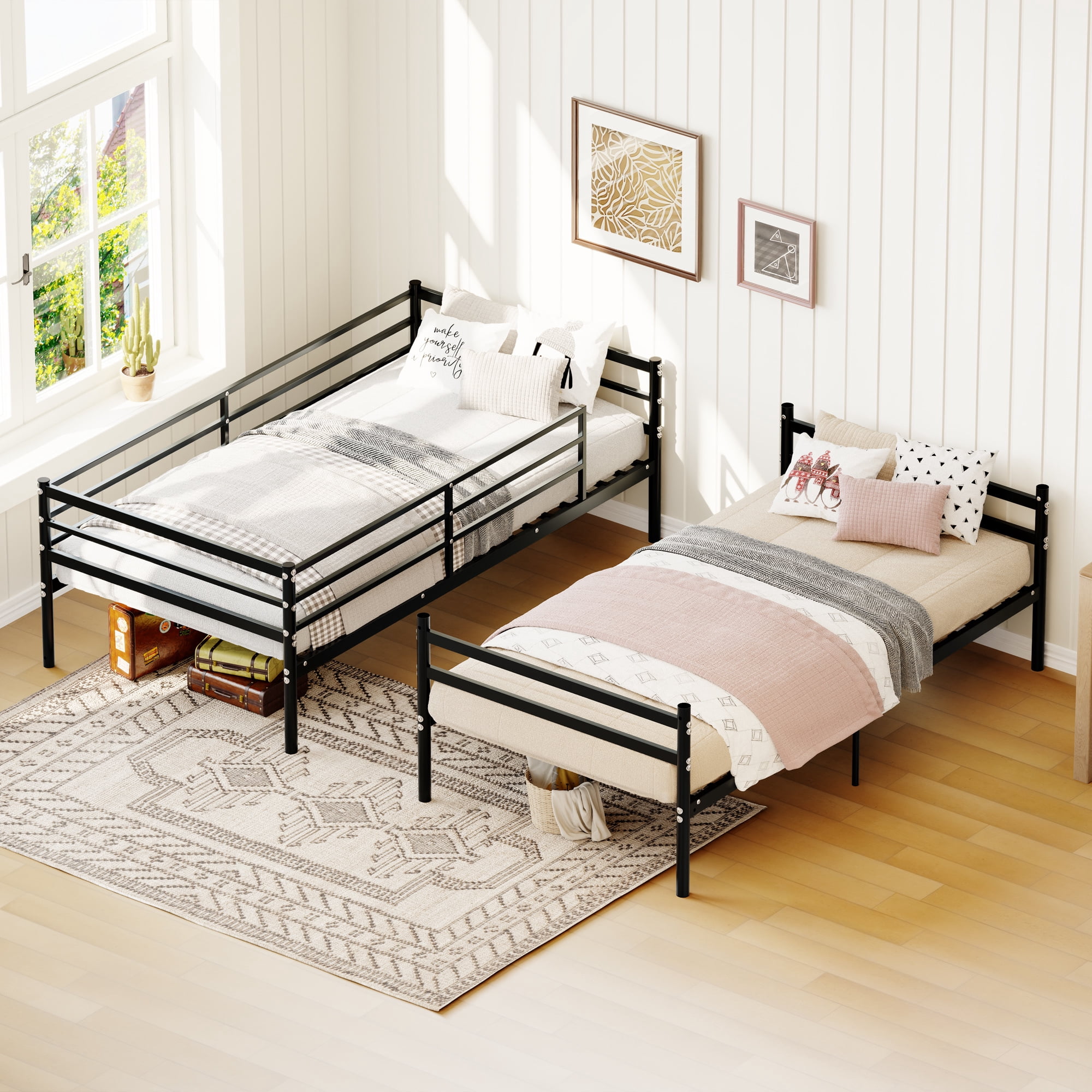 Leumius Metal Bunk Bed Twin for Kids,Teens and Adults,Bunkbeds with Ladder, Heavy Duty Metal Slats Support, No Box Spring Needed, for Dorm,Bedroom,Black