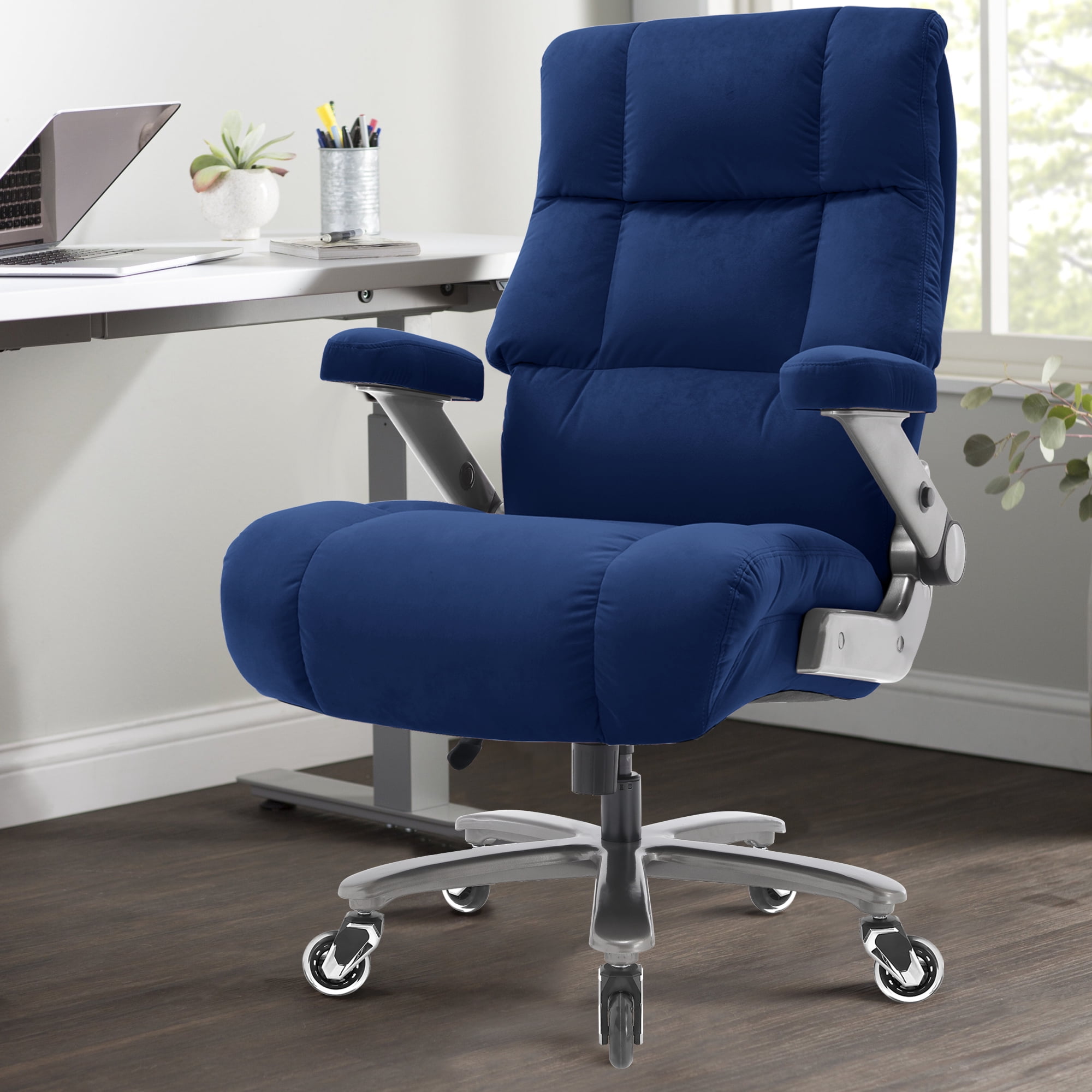 Big and Tall 700lbs Office Chair, Ultra-Soft Fabric Executive Desk Chair, Ergonomic Computer Chair with 3D Flip Up Arms, Adjustable Lumbar Support, Heavy Duty Metal Base and Quiet Rubber Wheel, Blue