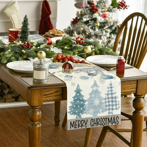 Camino de Mesa Navideño de 33 X 183 Cm | Decoración Navideña de Poliéster Multicolor | Diseño de Copos de Nieve y Árboles Invernales | Decoración Duradera y Lavable para Fiestas En La Cocina