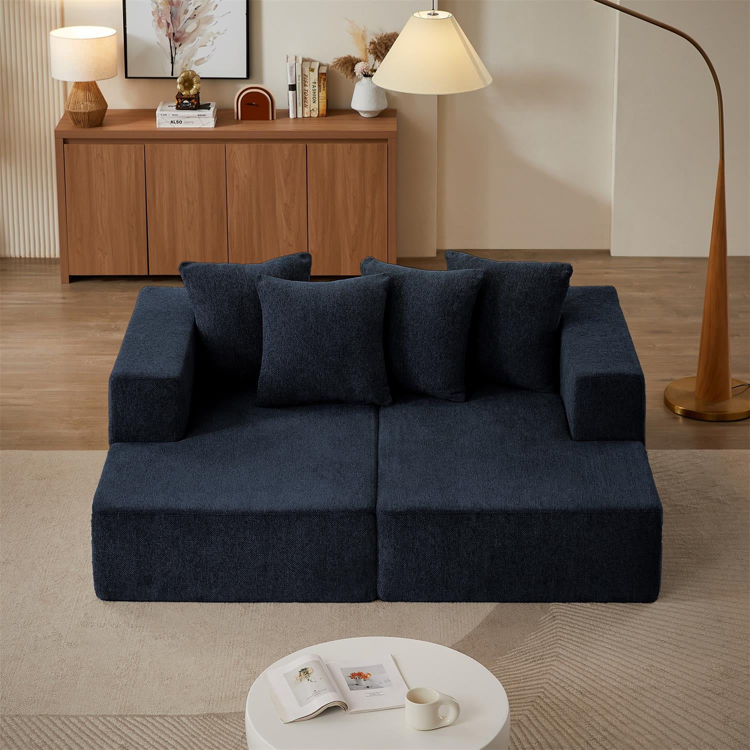 Demi Bonn 74" Cozy Chenille Sectional Sofa, Modern Chaise Lounge Couch with Plush Upholstery, Fixed Cushions for Living Room, Bedroom, Blue