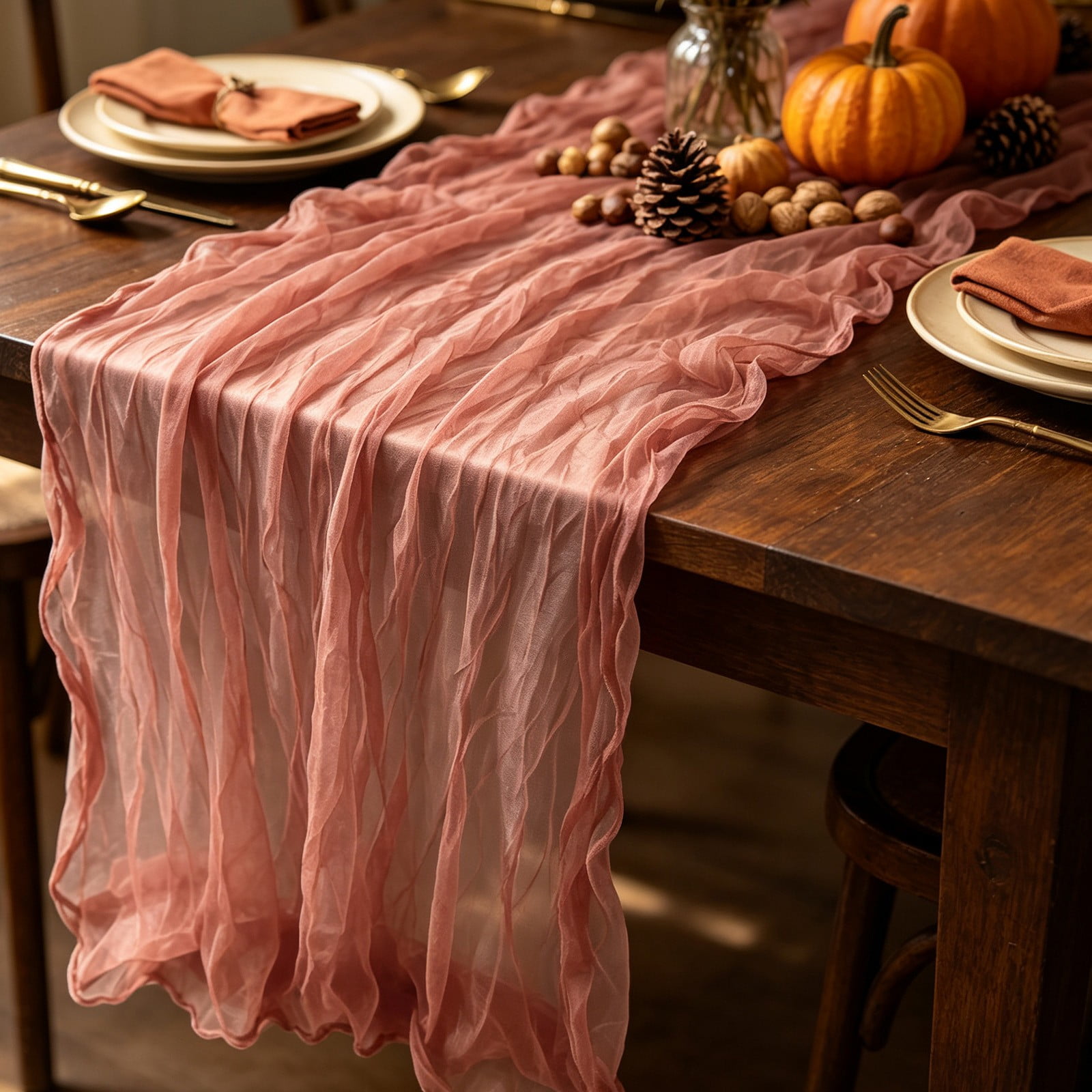 Thanksgiving Fall Table Runner Bohemian Pleated Polyester Tablecloth Accent for Dining Table Wedding Party Banquet and Autumn Home Decor