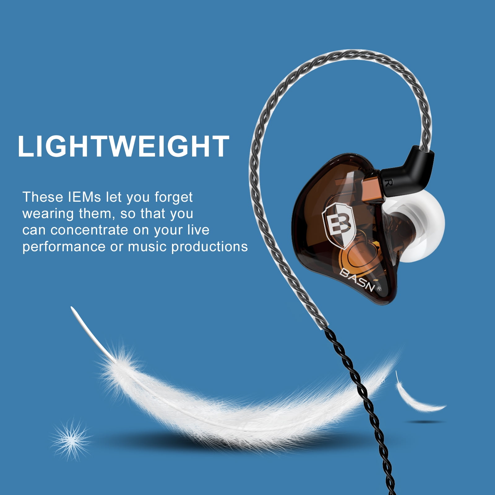 BASN Bsinger BC100 in-Ear Monitor Headphones Dual Dynamic Drivers in-Ear Earphones Detachable MMCX Cable Musicians Earbuds Headphones (Brown)