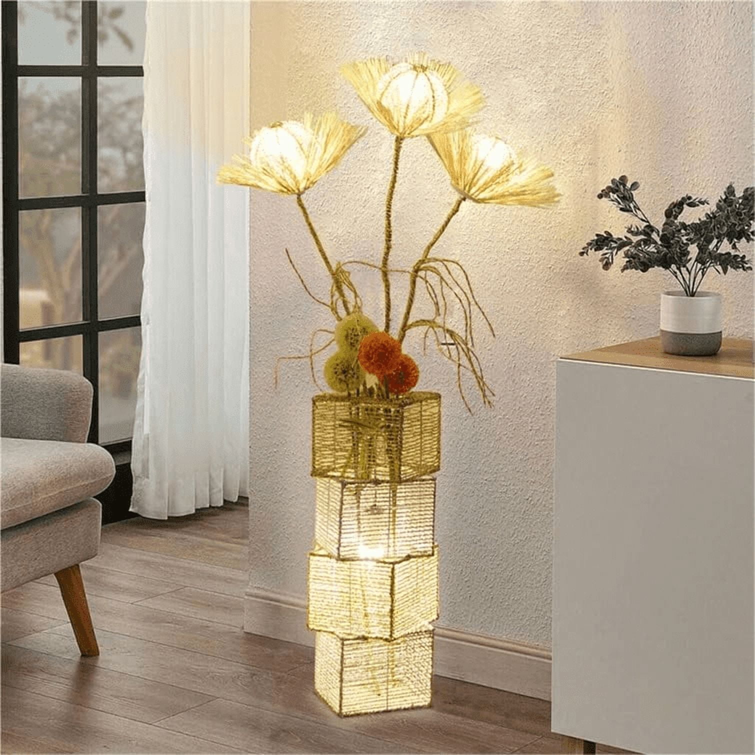 LUVODI Modern Decorative Rattan Floor Lamp Pastoral Hand-Woven Flower Night Light for Reading Living Room