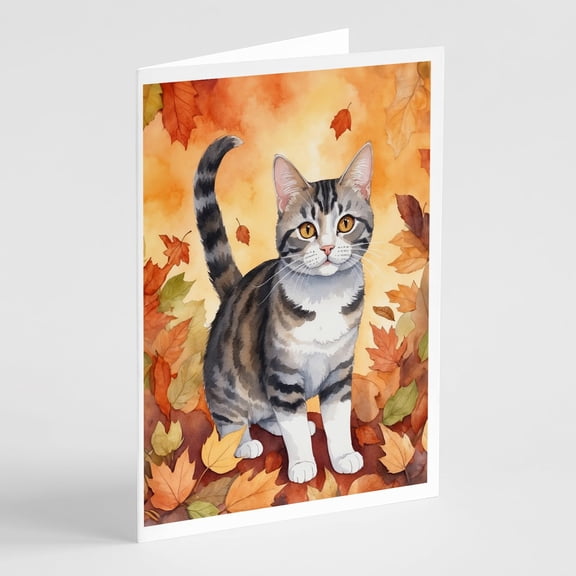 Carolines Treasures DAC7107GCA7P 5 x 7 in. American Wirehair Cat in Fall Leaves Greeting Cards - Pack of 8