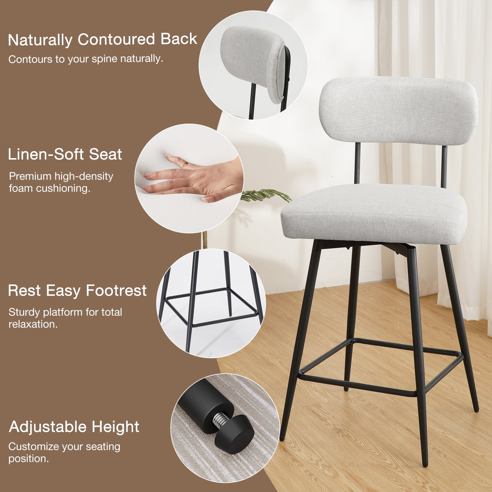 Hommpa Swivel Bar Stools Set of 3 Counter Height Barstools 26" Beige Linen Fabric Upholstered Kitchen Counter Stools with Backs, Metal Legs, Footrest and Wide Seat
