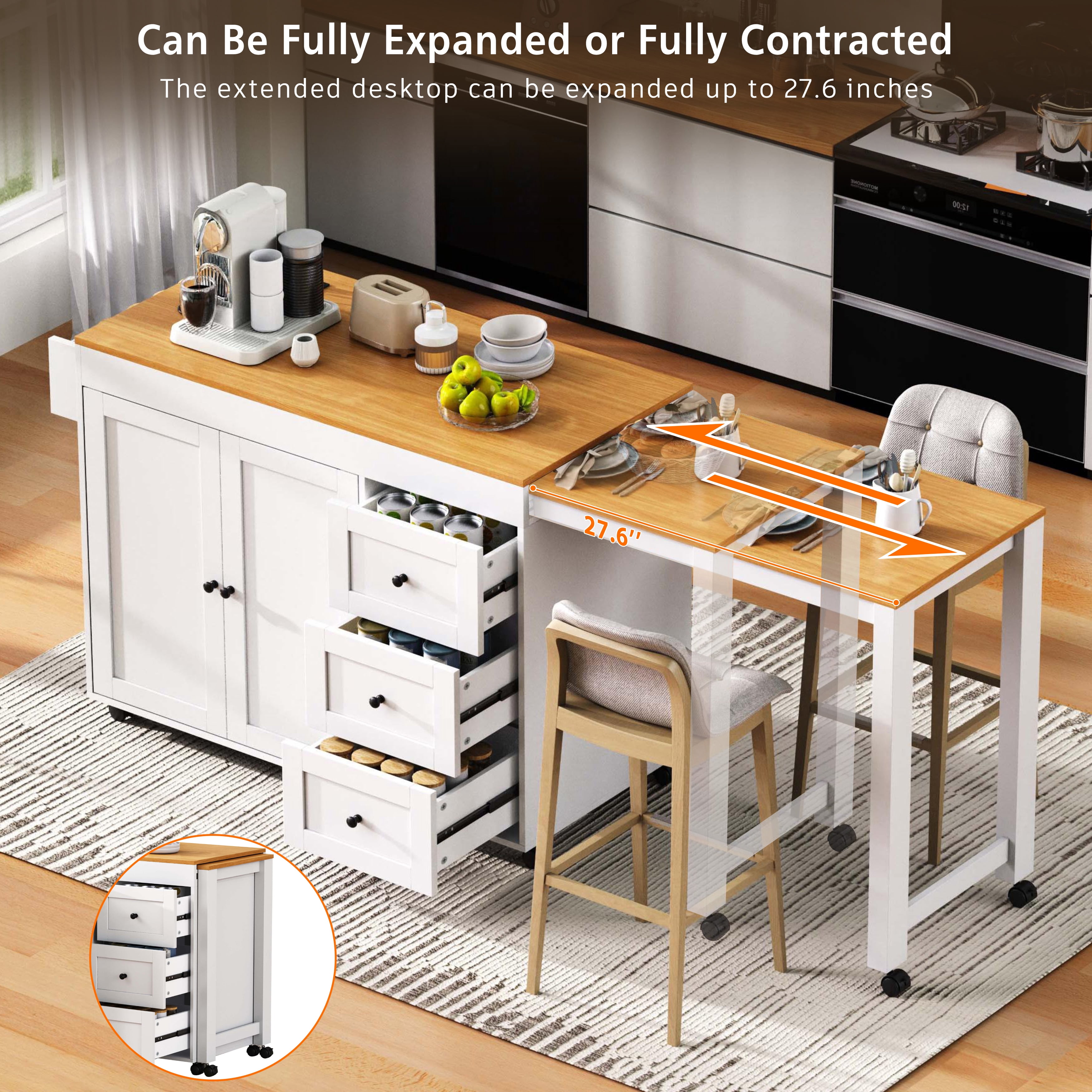 74.8-Inch Kitchen Island with Extendable Dining Table and Power Outlet, Rolling Kitchen Cart with 3 Drawers and Spice Rack for Kitchen, White
