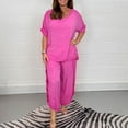 thumbnail image 6 of Manxivoo Summer Pants Women Suit Fashion Comfortable Short Sleeve and Long Pants Solid Color Top and Pants Set Cotton and Linen Womens Pants Pink, 6 of 6