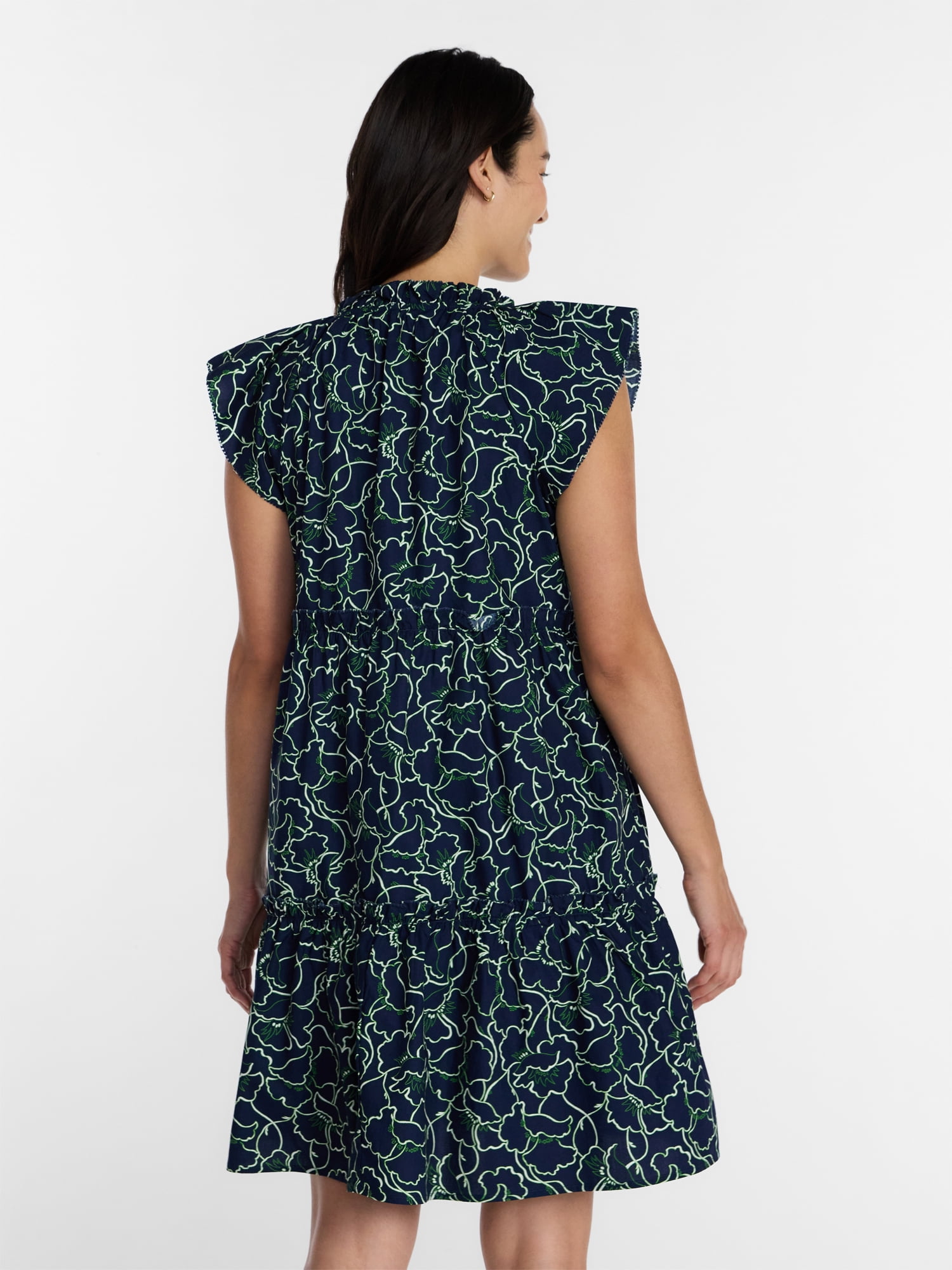 Time and Tru Women's and Women's Plus Tiered Cotton Mini Dress with Flutter Sleeves, Sizes XS-4X