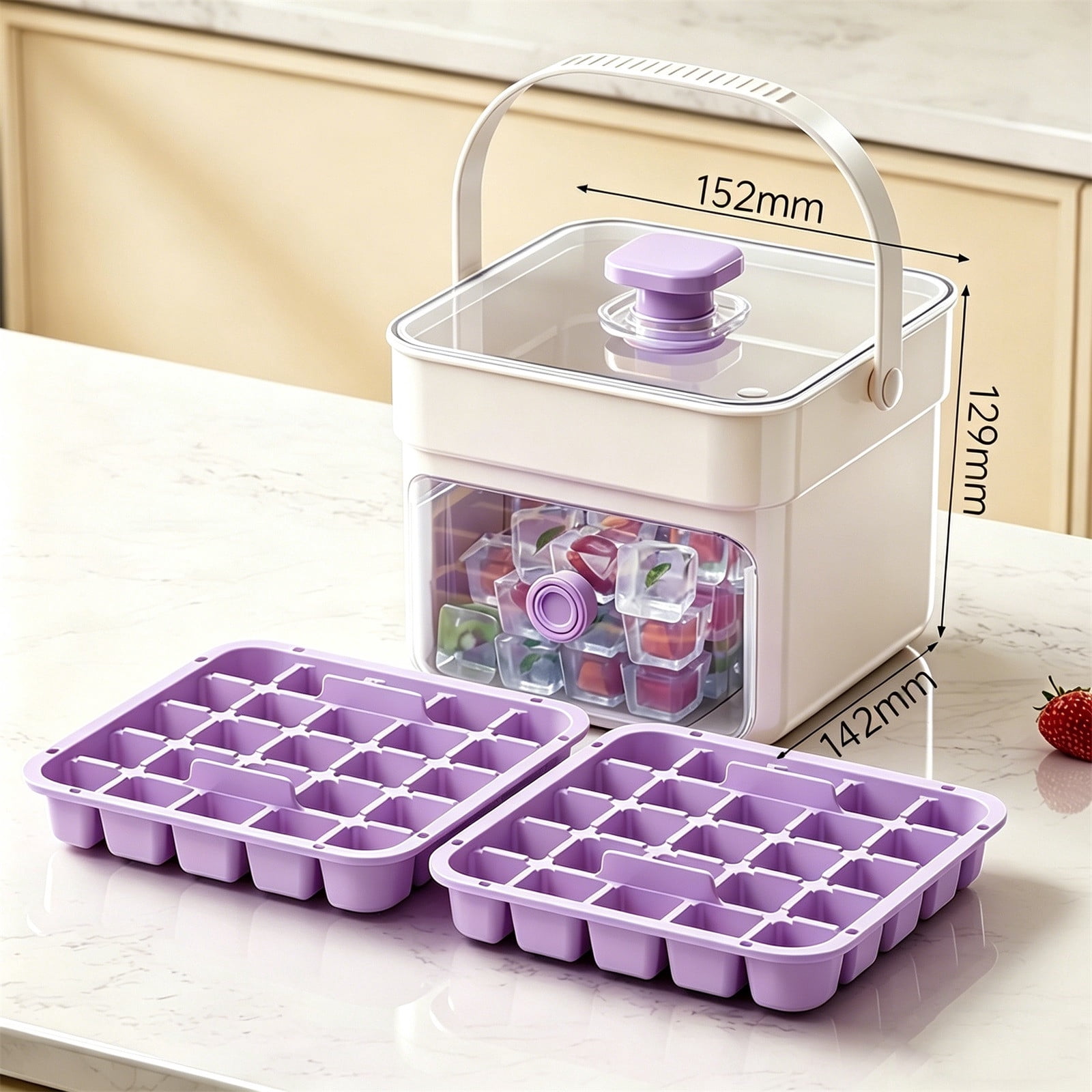 50 Cube Ice Maker With Easy Press Lid, Double Layer Portable Ice Cube Container with Lid and Storage Box for Freezer, Handled Press-Type Ice Cube Tray with Lid and Bin for Whiskey, Cocktail