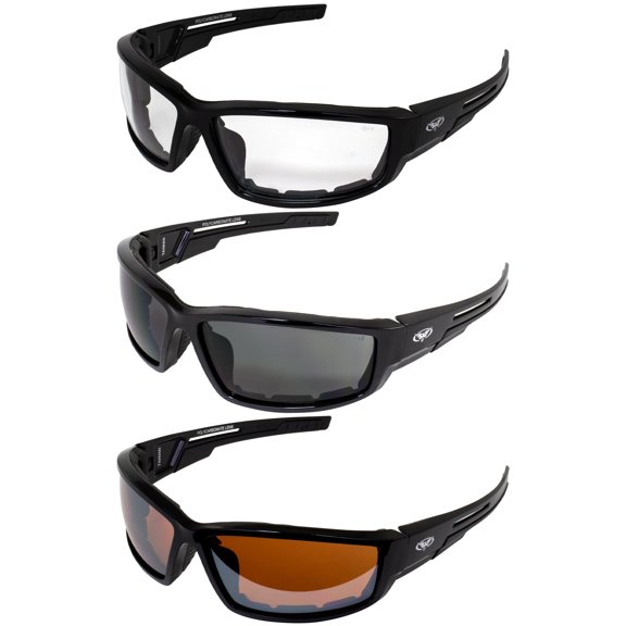 3 Pairs of Global Vision Sly Motorcycle Safety Sunglasses Black Frames Clear Smoke & Driving Mirror Lenses