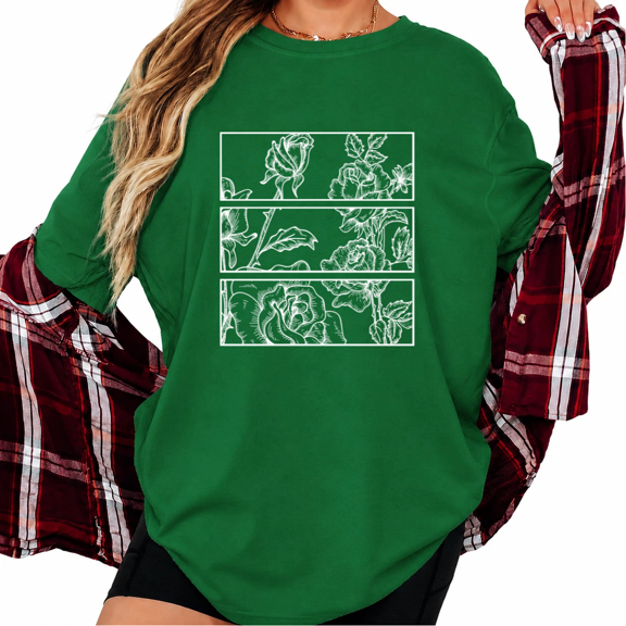 UNISHE Women's Green Rose Line Art Graphic Short Sleeve T-Shirt Breathable Fabric Top