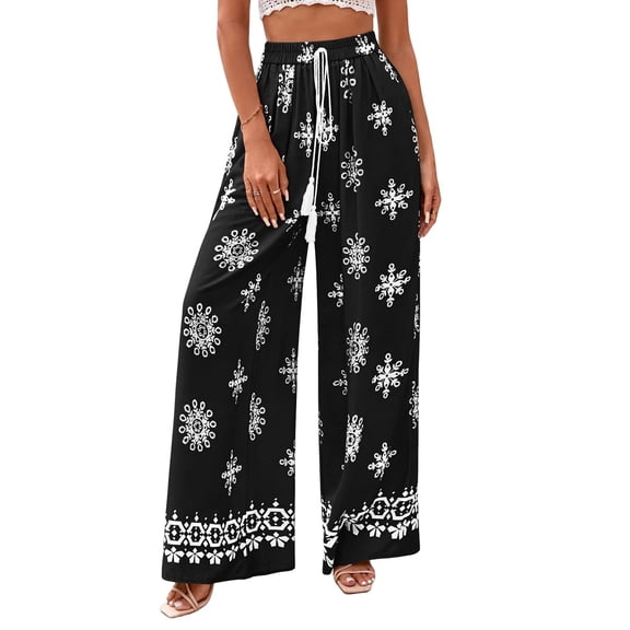 Women'S Wide Leg Palazzo Pants Boho Floral Trousers Flowy Beach Vacation Clothes Resort Wear Black S