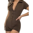 thumbnail image 4 of Liacowi Women Short Sleeve Bodycon Romper Sexy V Neck Slim Fit Short Jumpsuit Solid Color One Piece Playsuits Bodysuits, 4 of 9