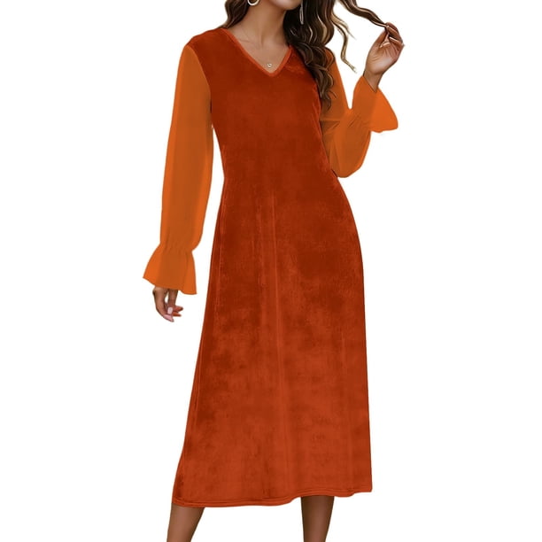 Vestido de Terciopelo Y Gasa Patchwork Mujeres Cuello en V Elegante Tejido Estirable para el Estilo Versátil