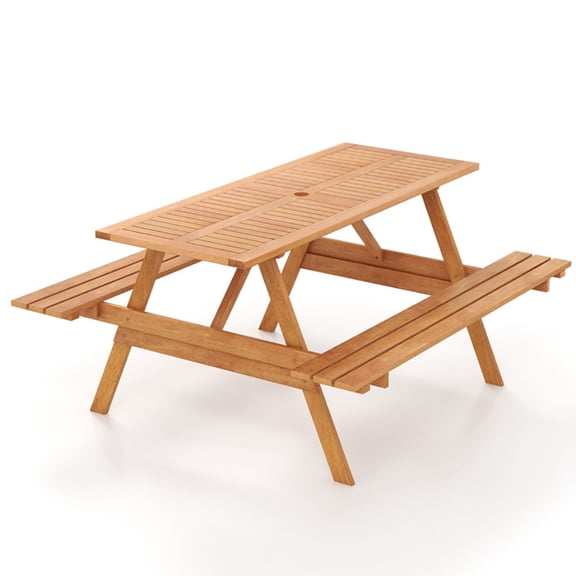 Spaco 6 Person Picnic Table Set Patio Rectangle with 2 Built-in Benches and Umbrella Hole, Furniture Conversation Sets, Coffee Table for Garden, Poolside, Backyard