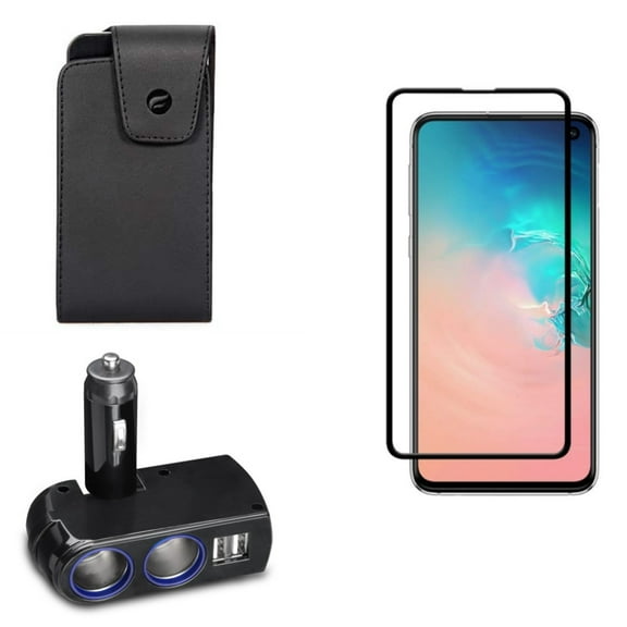Galaxy S10e Car Charger Splitter w Screen Protector w Case Belt Clip - DC Socket 2-Port USB Power, Tempered Glass 5D Curved Edge, Leather Swivel Holster for Samsung Galaxy S10e Phone