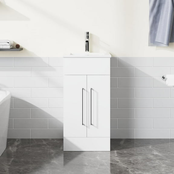 Goodyo 16" Small Bathroom Vanity Single Sink, Freestanding Modern Bathroom Cabinet with White Drop in Sink, 2 Doors Wood Storage Cabinet, White