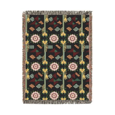 Pink Floral Medallions and Geometric Vines Dark Teal Woven Blanket 100% Cotton Bohemian Style for Home
