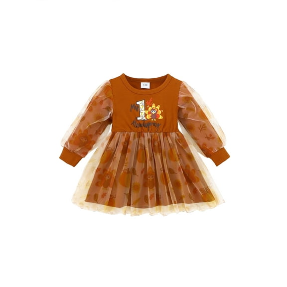 KIMI BEAR Infant Baby Girls Thanksgiving Dress 12-18 Months Round Neck Long Sleeves Dress Letter Chick Print One-piece Overalls Tulle Dress A-line Dress Brown