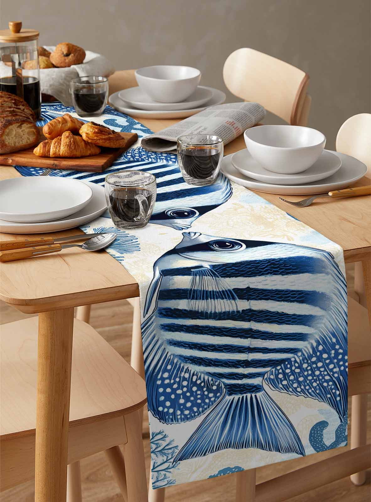 Blue Yellow Ocean Table Runner Cotton Linen 60 Inch Holiday Dresser Scarves, Summer Coastal Stripe Fish Coral Tablerunner for Kitchen Coffee Dining Bedroom Living Room Dinner Scarf Décor 13''x60''