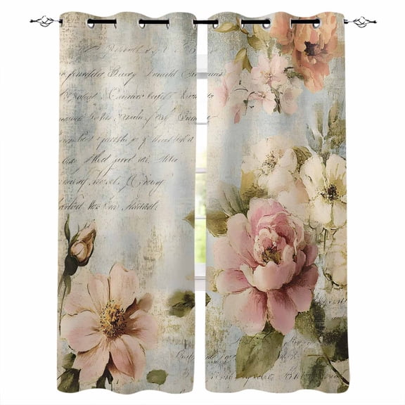 Farmhouse Pink Floral Blackout Curtains for Bedroom, Spring Vintage Botanical Flowers Room Darkening Window Drapes for Living Room, Thermal Insulated Grommet Curtains, 42x45 inch, 2 Panels
