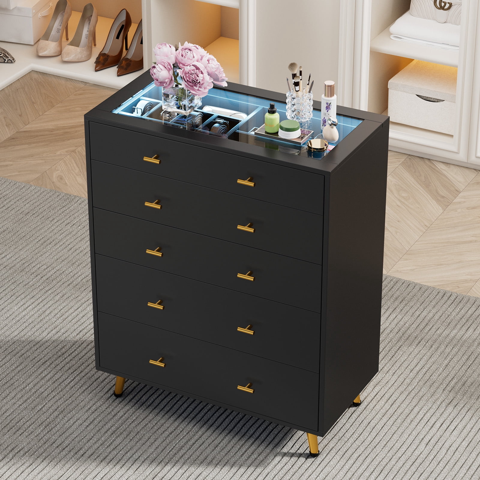 black glass dresser Cyehnenx 5 Drawer Tall Chest of Drawers for Bedroom & Closet Island with Top & Jewelry Storage & Glass Dresser That’s why a wall