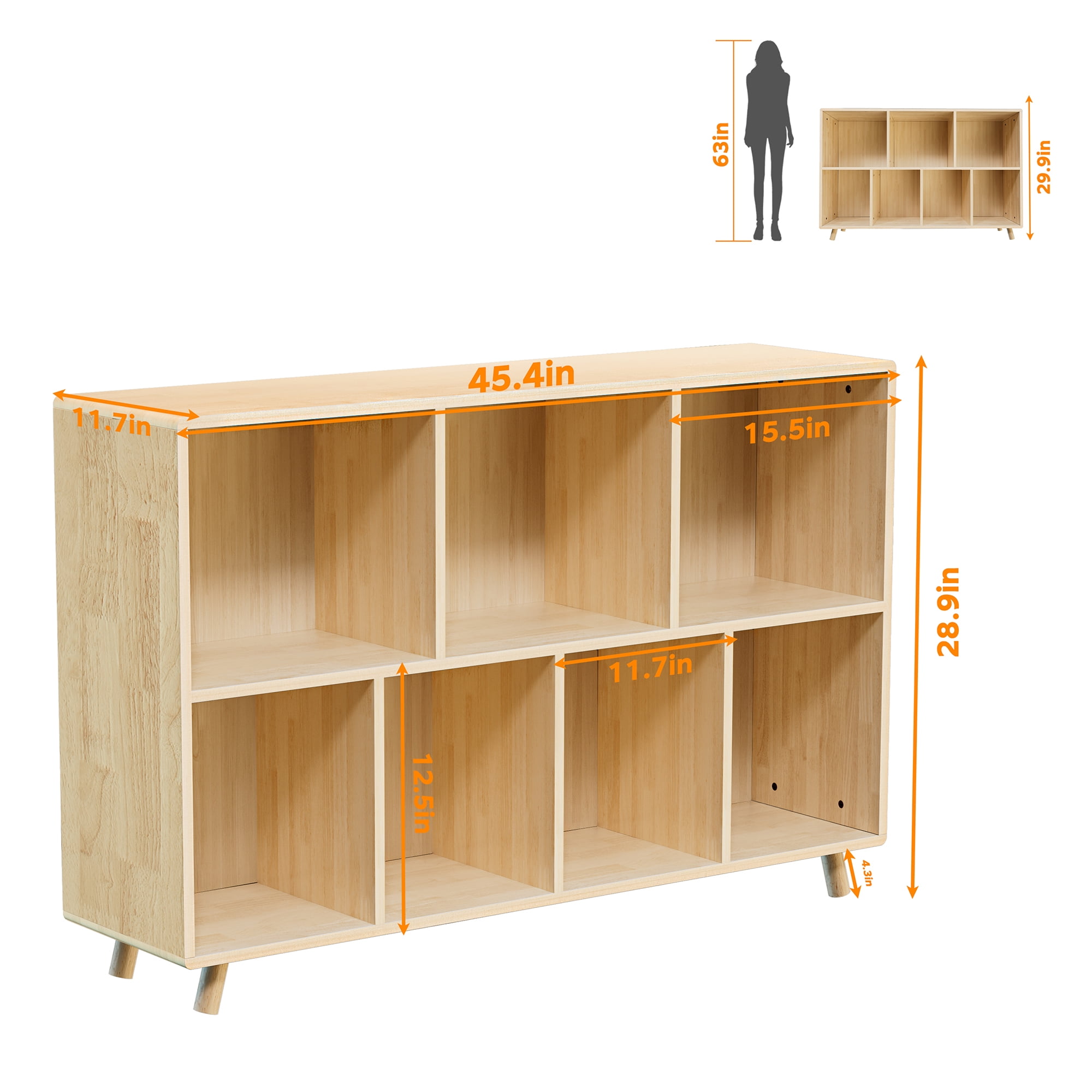 Wooden Bookshelf, 2-Tier Bookcase, 7 Cube Storage Organizer, Open Book Shelf with Legs for Home Office, Living Room, Study